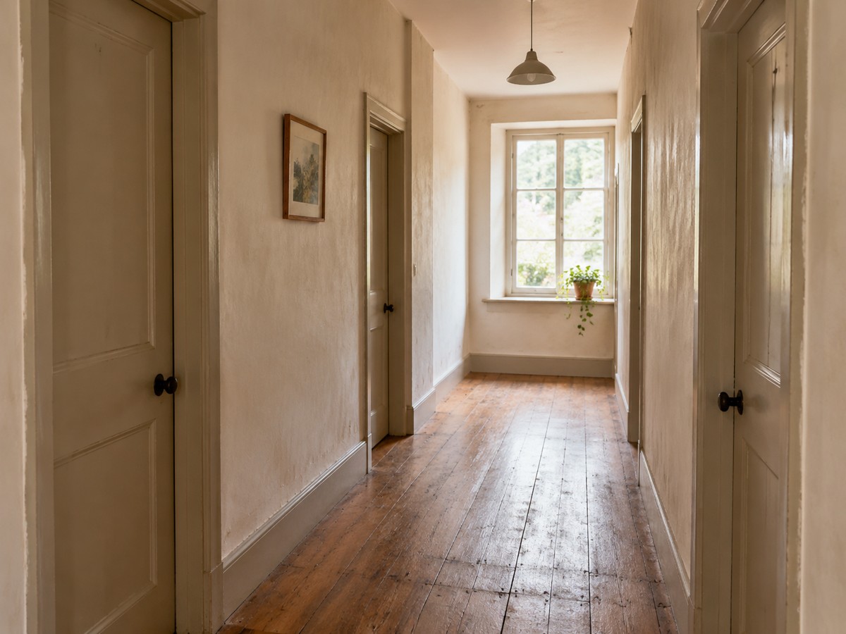 Corridor leading to the guest rooms, with a window at the end