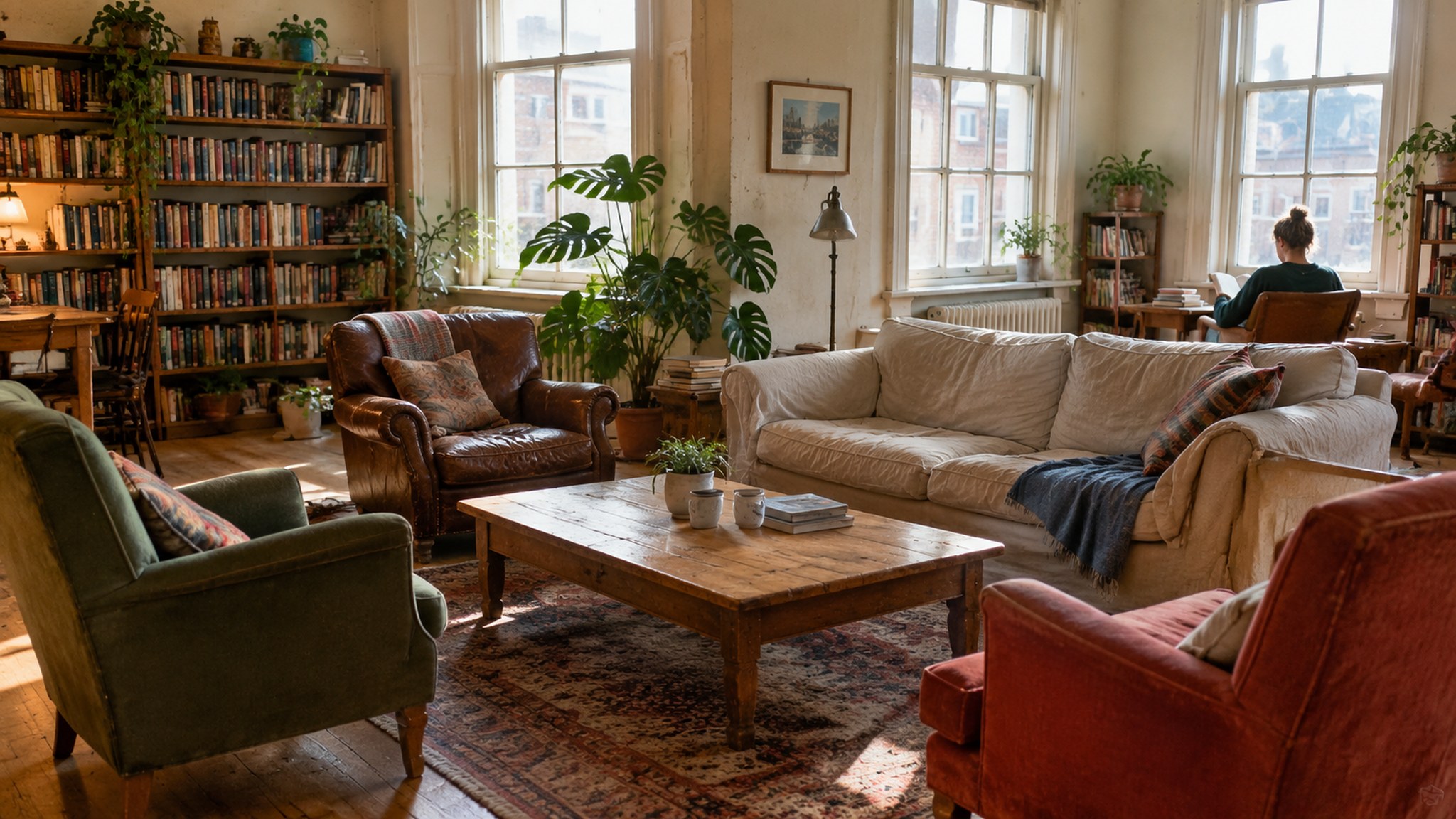 Lounge with sofas, plants and bookshelves in afternoon light