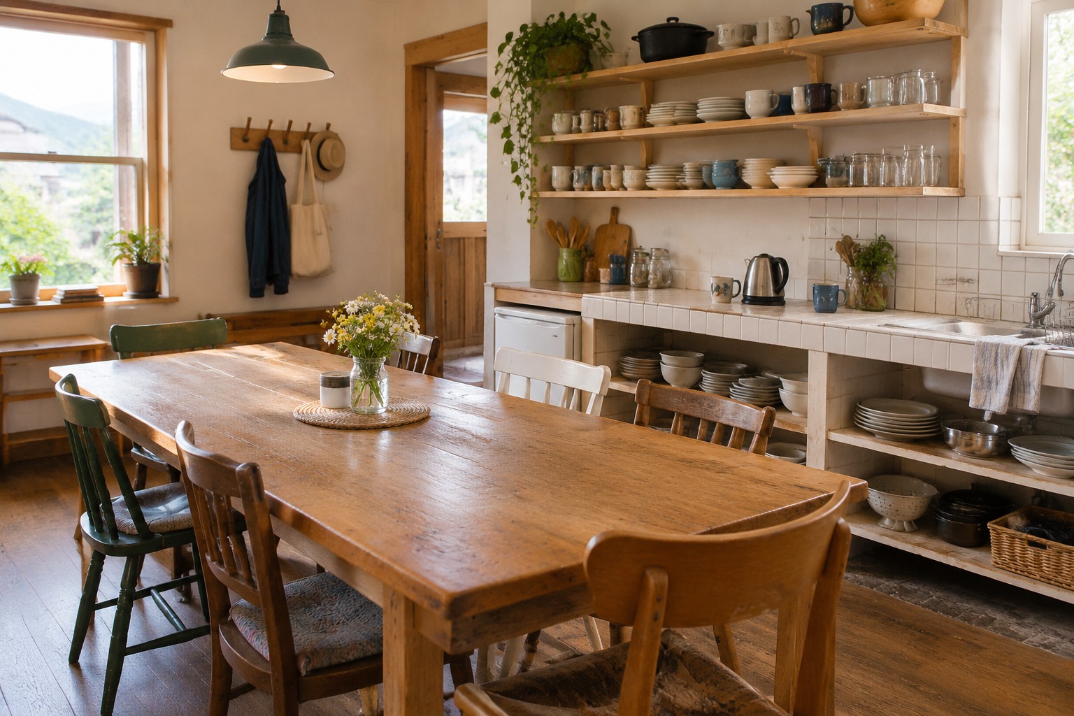 Shared kitchen with a long table, cookware and drying racks