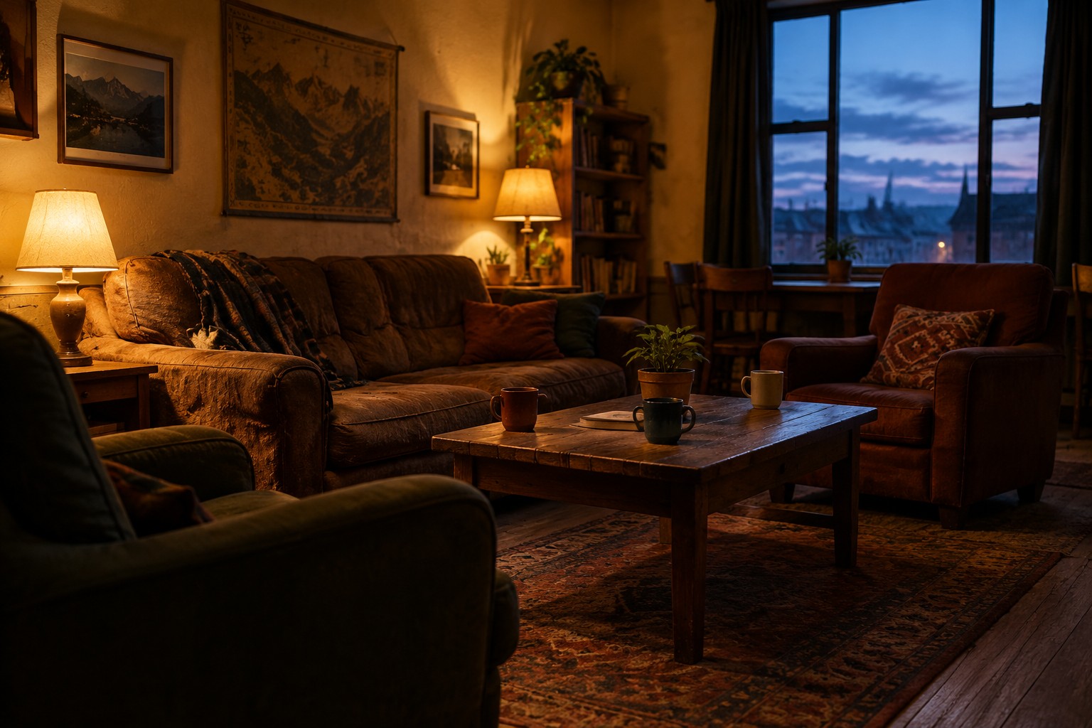 Common room in the evening with lamps lit and people talking